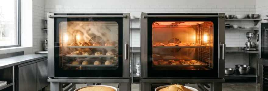 Comparaison visuelle entre un four ventilé et un four à chaleur statique avec des pâtisseries en cuisson