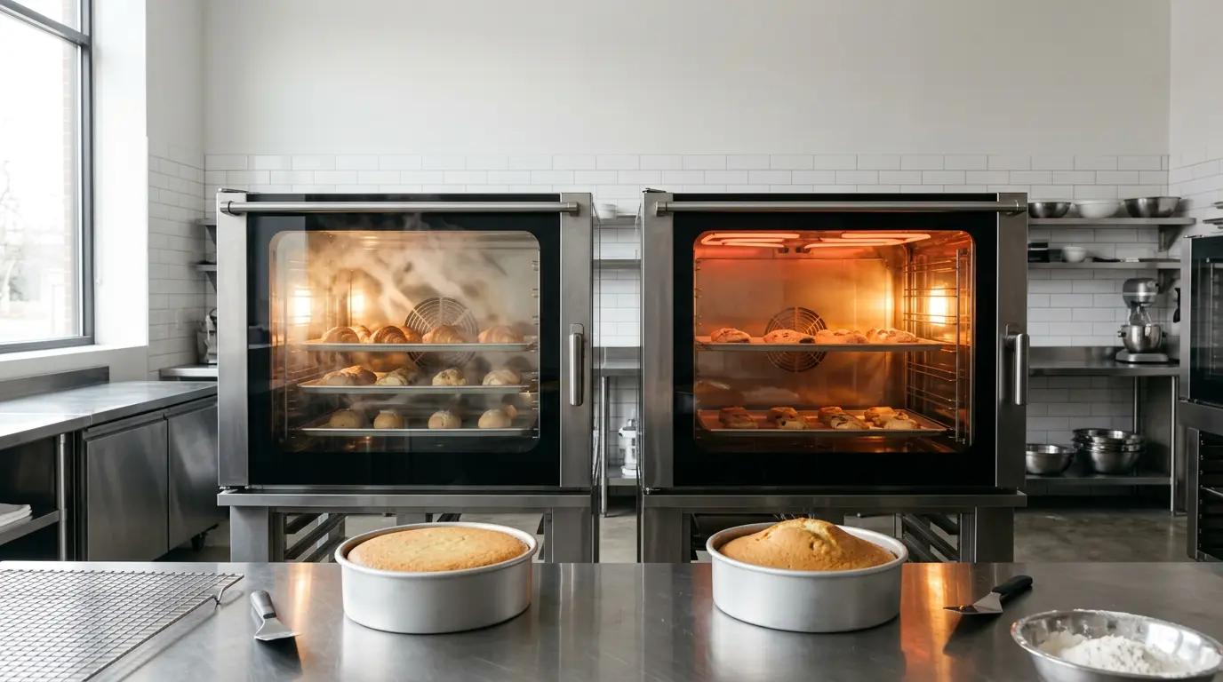 Comparaison visuelle entre un four ventilé et un four à chaleur statique avec des pâtisseries en cuisson