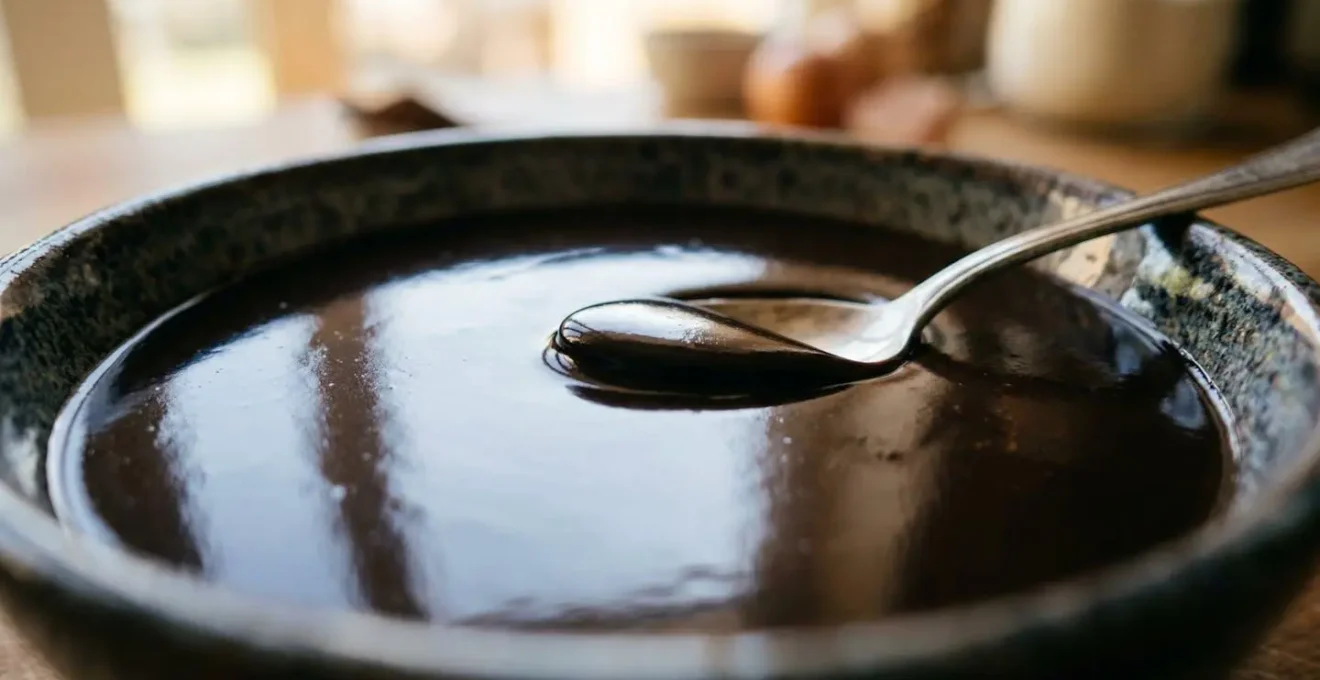Vue macro d'une ganache chocolat parfaitement émulsionnée avec une brillance miroir