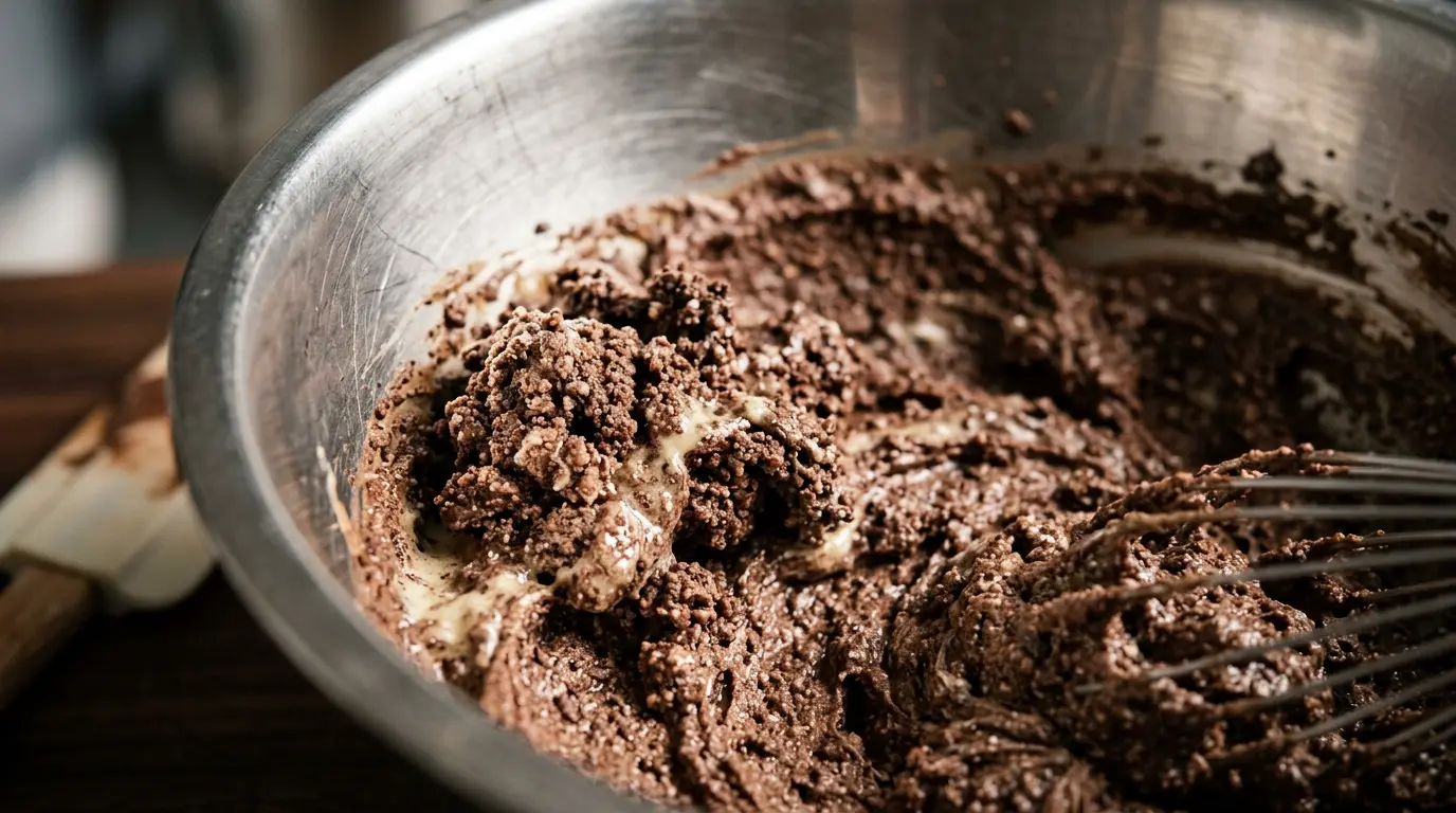Ganache montée au chocolat en cours de rattrapage avec texture grainée visible