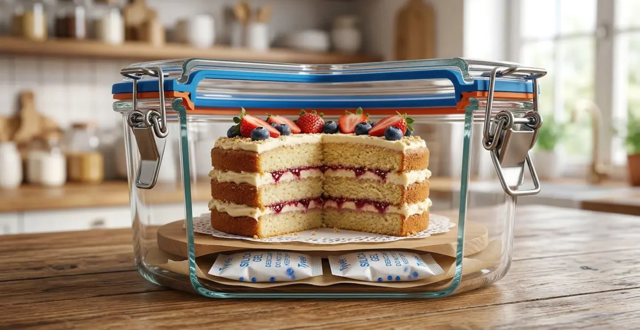 Vue en coupe d'une boîte hermétique contenant un gâteau avec des sachets de silice