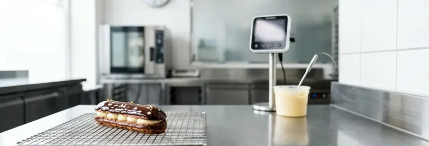 Gâteau à la crème pâtissière sur plan de travail professionnel avec thermomètre et minuteur en arrière-plan flou