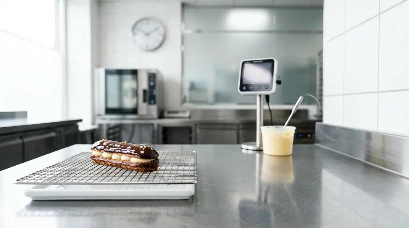 Gâteau à la crème pâtissière sur plan de travail professionnel avec thermomètre et minuteur en arrière-plan flou