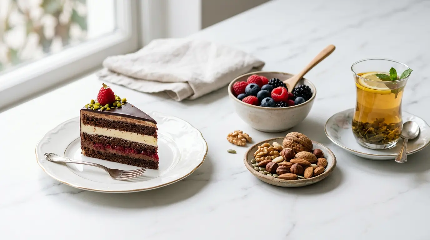 Part de gâteau intégré dans une alimentation équilibrée à 2000 calories