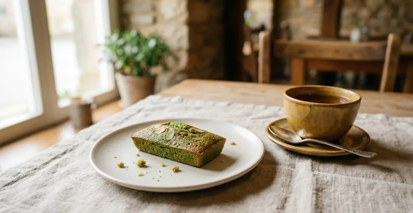 Financier au matcha accompagné d'une tasse de hojicha pour accord thé-pâtisserie