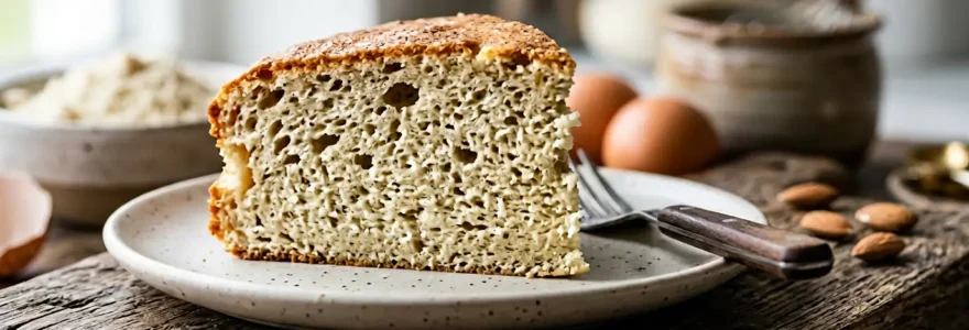 Gâteau protéiné coupé en deux montrant une texture moelleuse et aérienne, posé sur une planche en bois avec des ingrédients naturels visibles