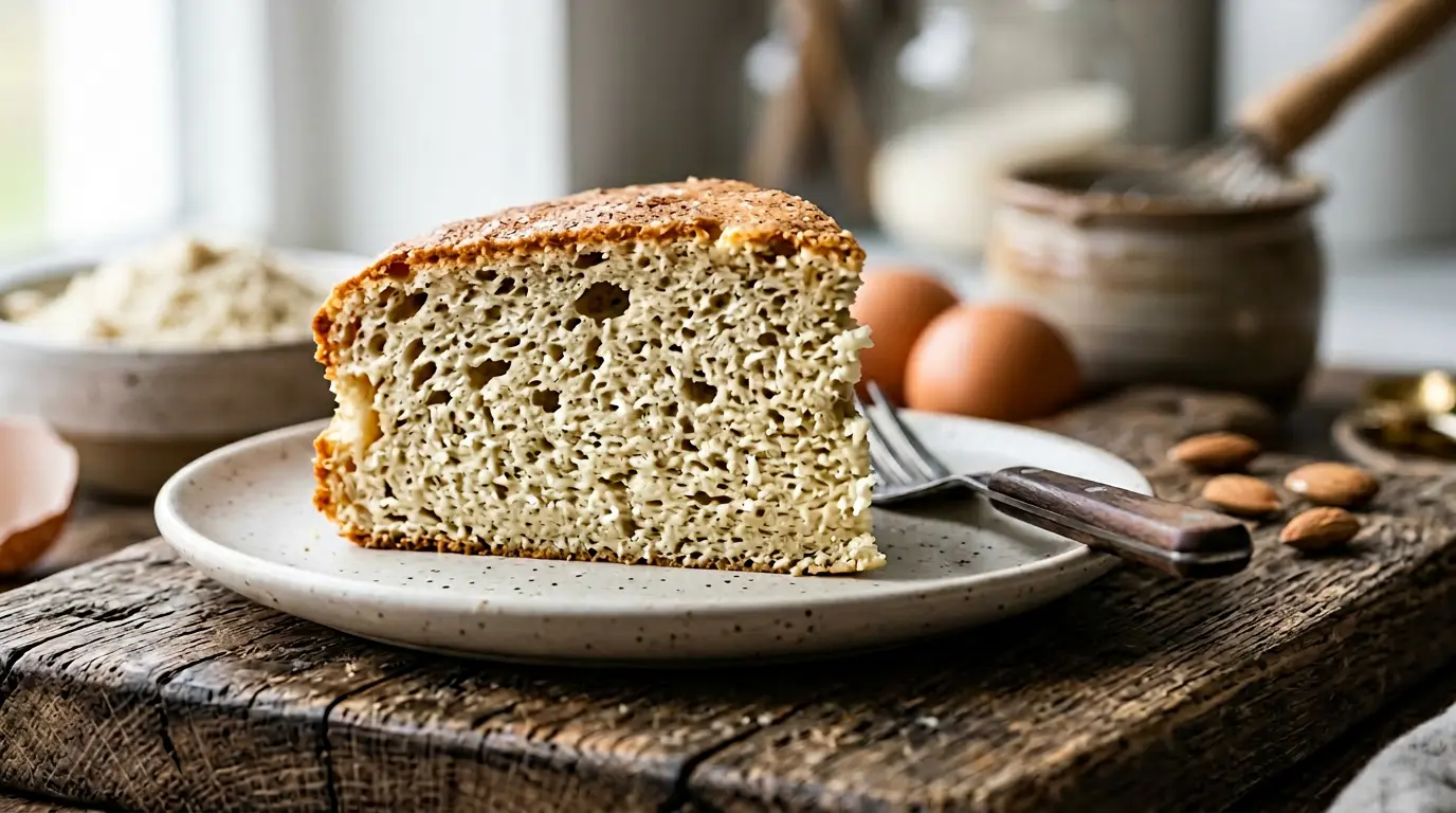 Gâteau protéiné coupé en deux montrant une texture moelleuse et aérienne, posé sur une planche en bois avec des ingrédients naturels visibles