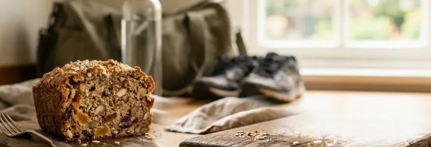 Part de gâteau protéiné aux fruits secs sur comptoir en bois avec équipement de sport en arrière-plan flou