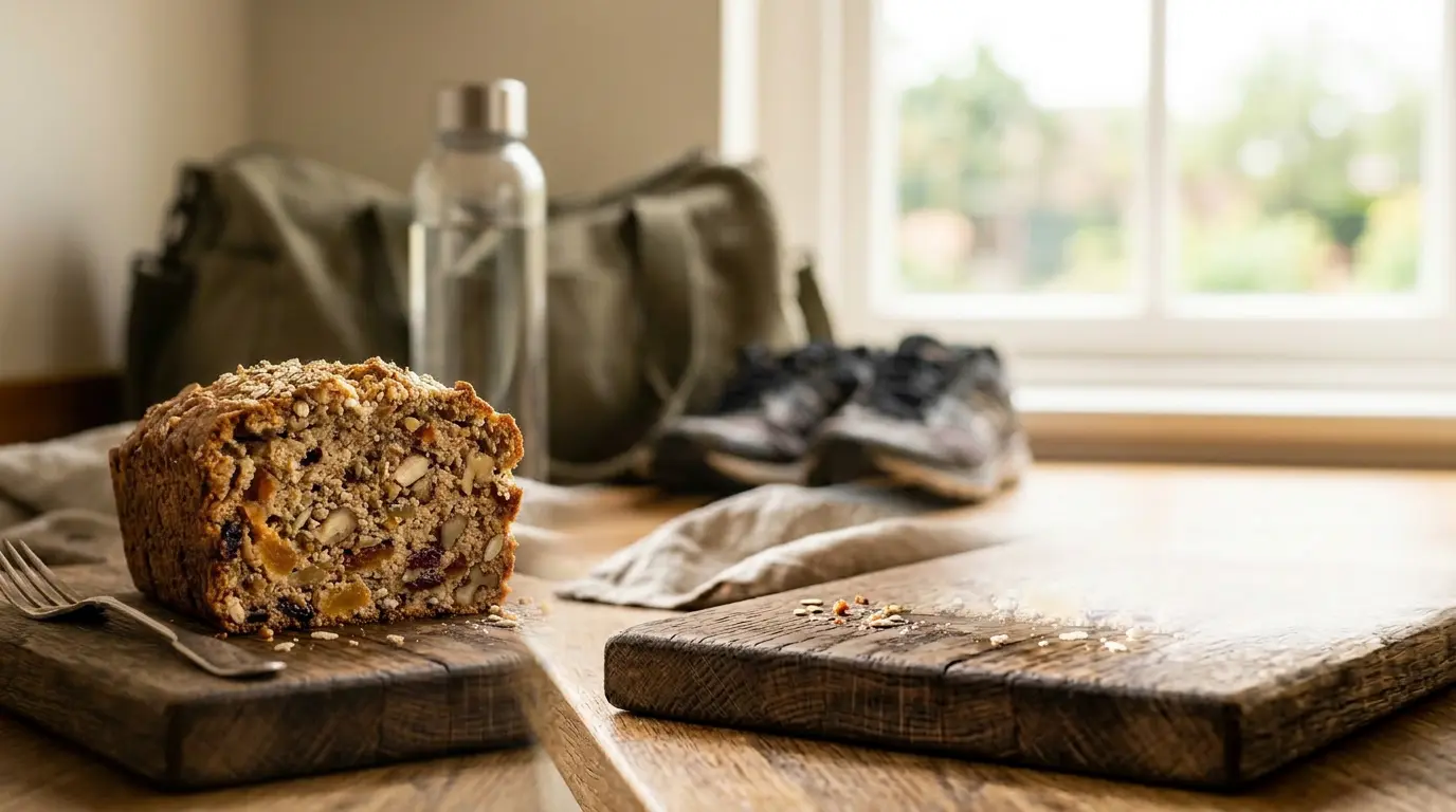 Part de gâteau protéiné aux fruits secs sur comptoir en bois avec équipement de sport en arrière-plan flou