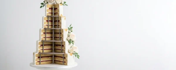 Structure architecturale complexe d'un gâteau à plusieurs étages avec supports internes visibles