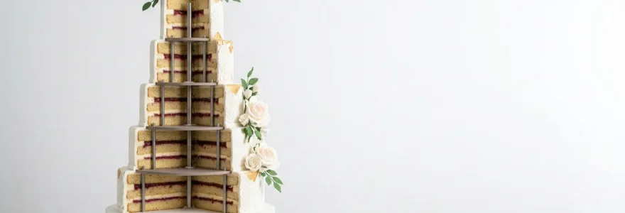 Structure architecturale complexe d'un gâteau à plusieurs étages avec supports internes visibles