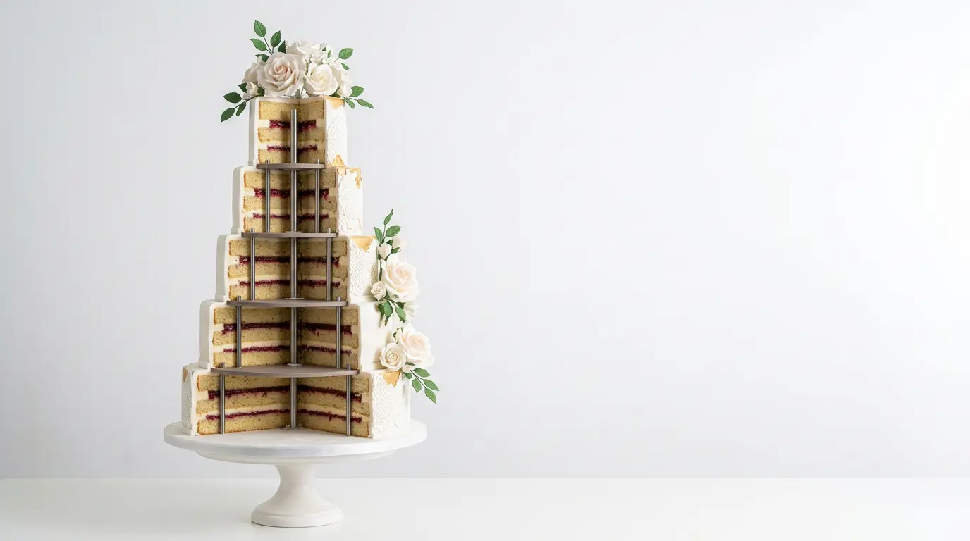 Structure architecturale complexe d'un gâteau à plusieurs étages avec supports internes visibles