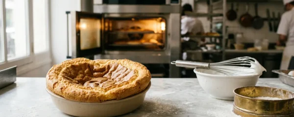 Génoise dorée et moelleuse sur plan de travail en marbre avec ustensiles de pâtisserie professionnels