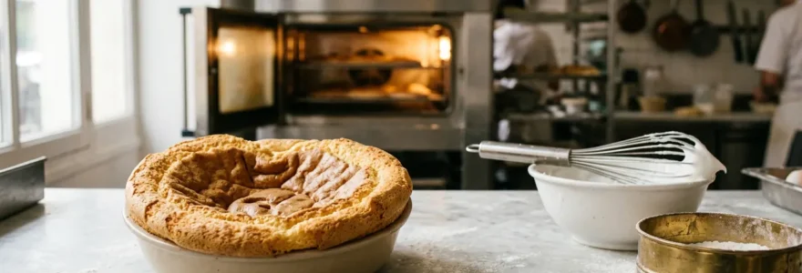 Génoise dorée et moelleuse sur plan de travail en marbre avec ustensiles de pâtisserie professionnels