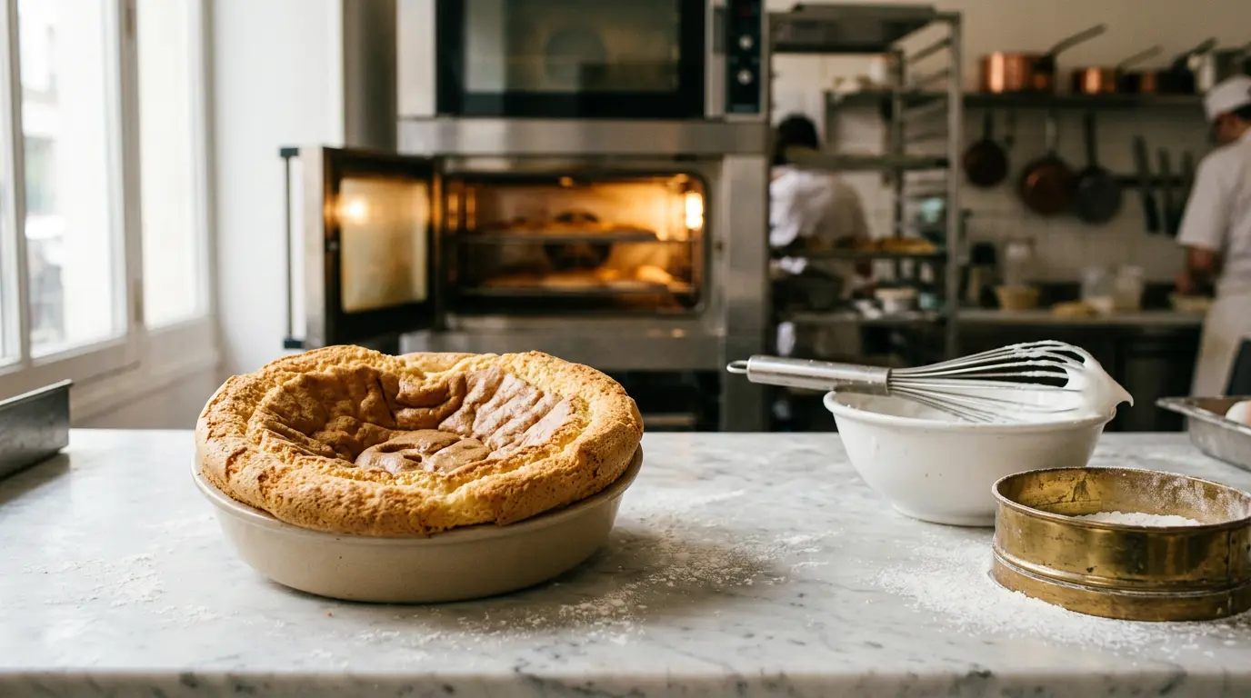 Génoise dorée et moelleuse sur plan de travail en marbre avec ustensiles de pâtisserie professionnels