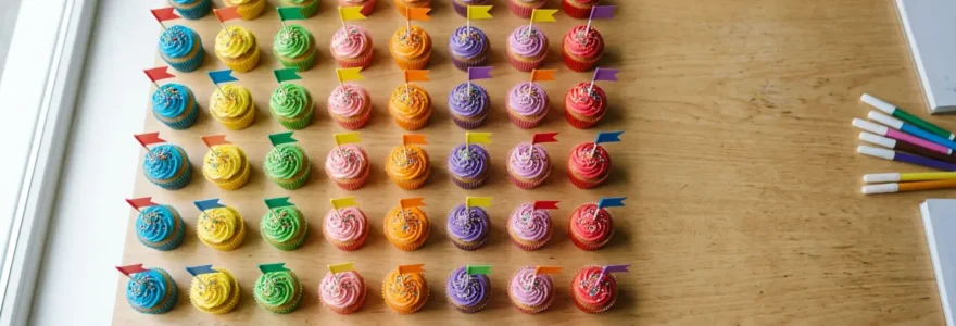 Vue aérienne de portions individuelles de cupcakes colorés disposées sur une table d'école avec des étiquettes de sécurité alimentaire