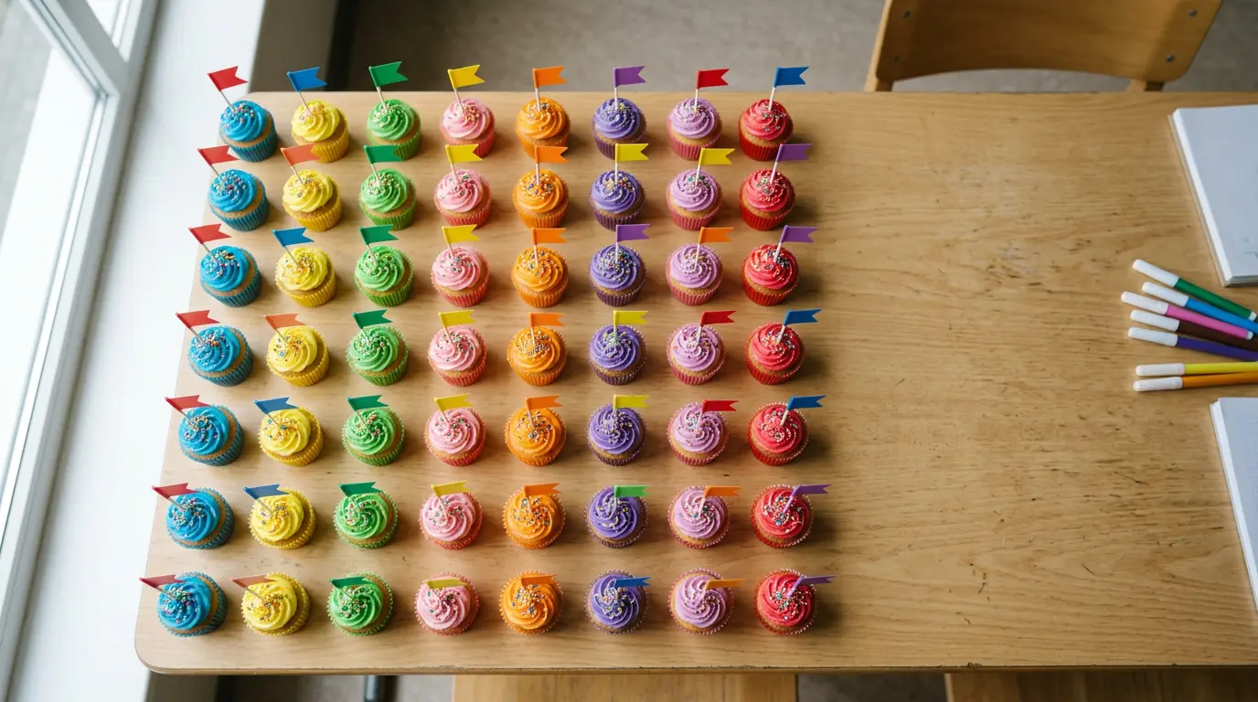 Vue aérienne de portions individuelles de cupcakes colorés disposées sur une table d'école avec des étiquettes de sécurité alimentaire