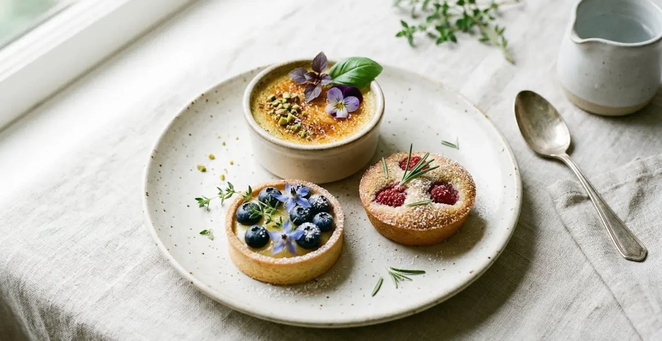 Composition minimaliste de desserts français avec herbes fraîches intégrées