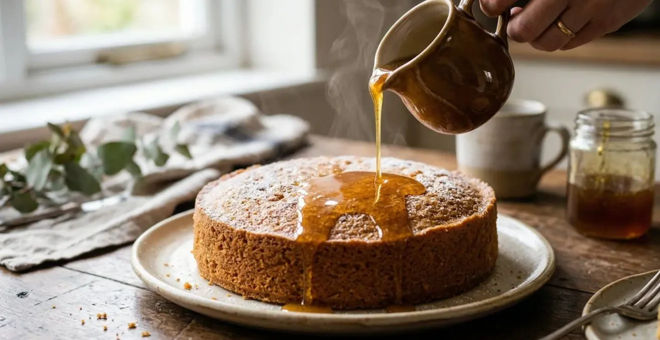 Sirop doré versé délicatement sur un cake encore fumant
