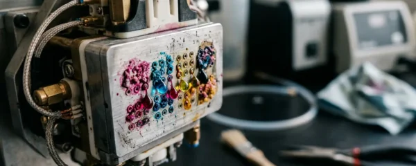 Vue détaillée d'une imprimante alimentaire professionnelle avec encres comestibles et tête d'impression en maintenance