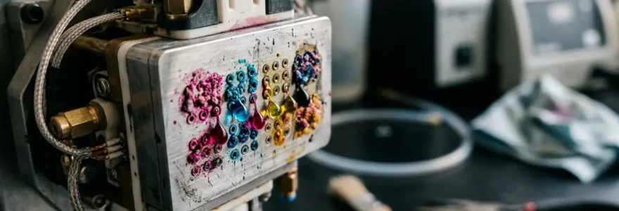 Vue détaillée d'une imprimante alimentaire professionnelle avec encres comestibles et tête d'impression en maintenance