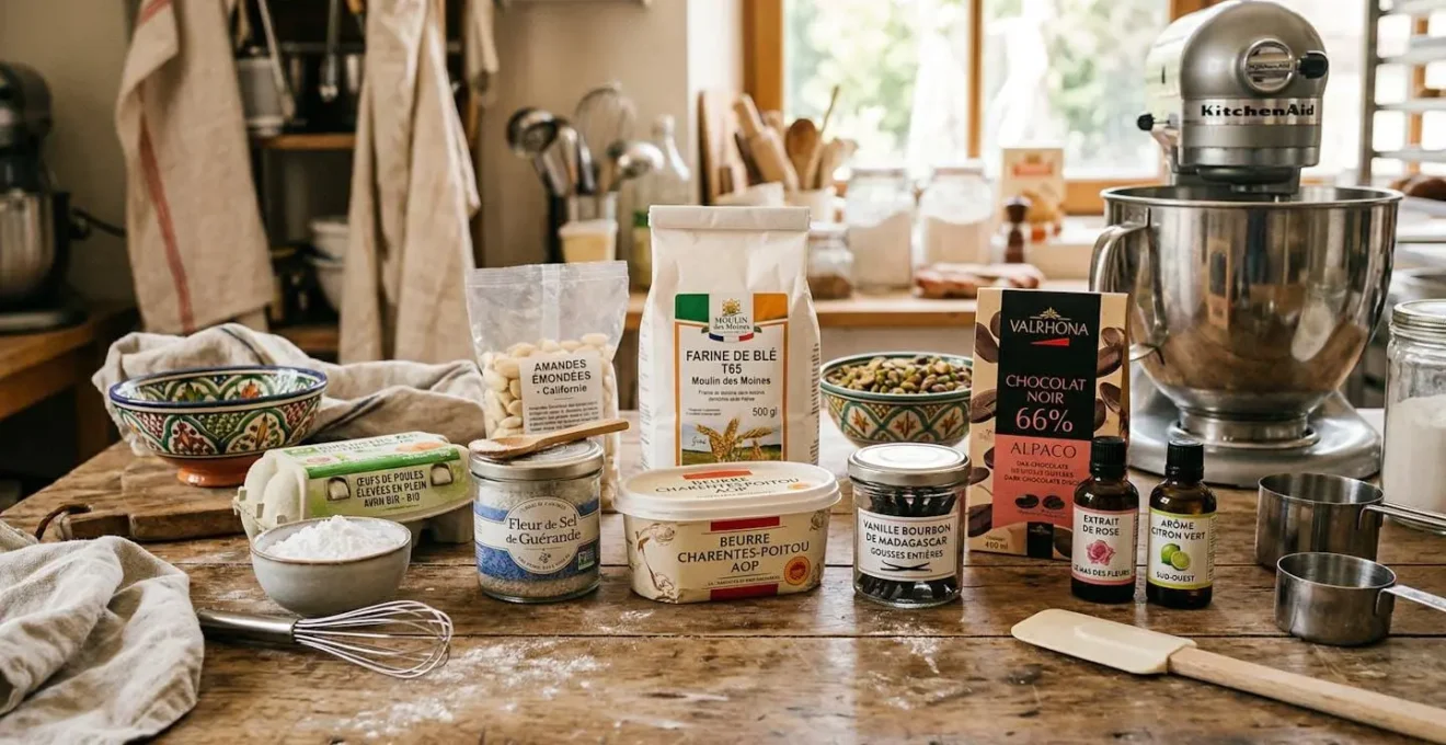 Ingrédients premium français pour cake design disposés sur plan de travail