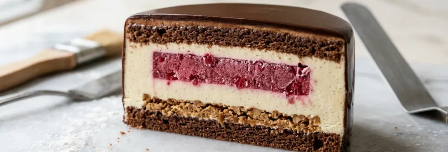 Insert de fruits aux contours nets dans un entremets coupé, montrant les différentes couches colorées