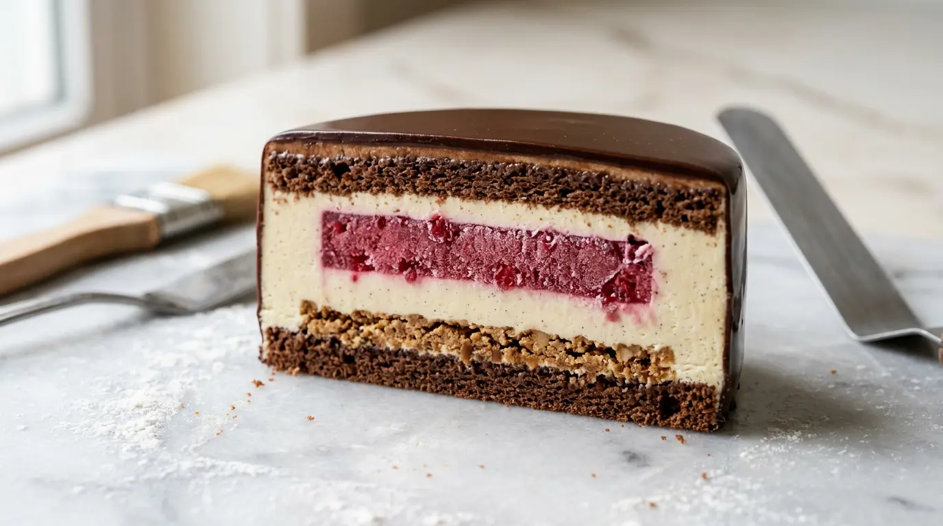 Insert de fruits aux contours nets dans un entremets coupé, montrant les différentes couches colorées