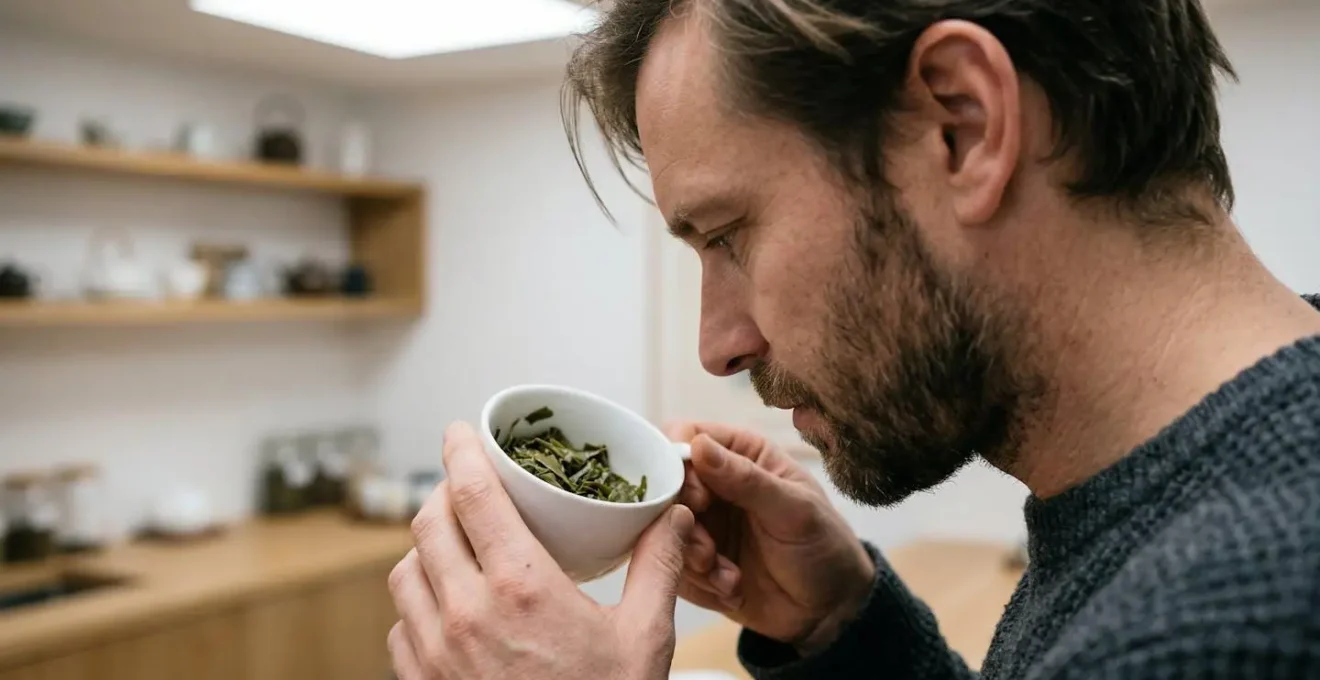 Personne observant des feuilles de thé premium dans une coupelle de dégustation