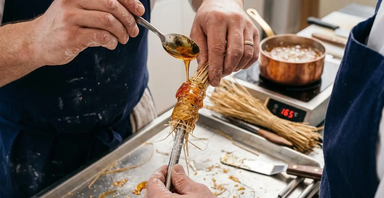 Gros plan sur technique d'isolation de tige métallique avec paille et isomalt