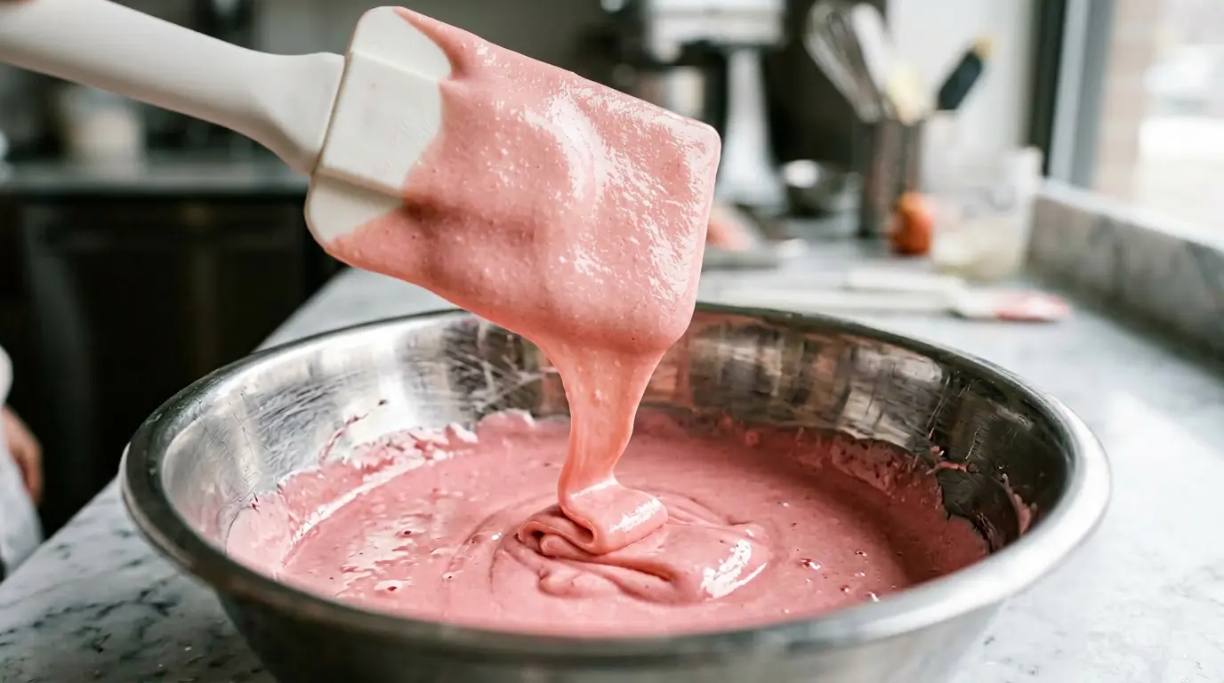Gros plan sur une maryse soulevant de la pâte à macaron brillante formant un ruban épais et lisse au-dessus d'un bol en inox