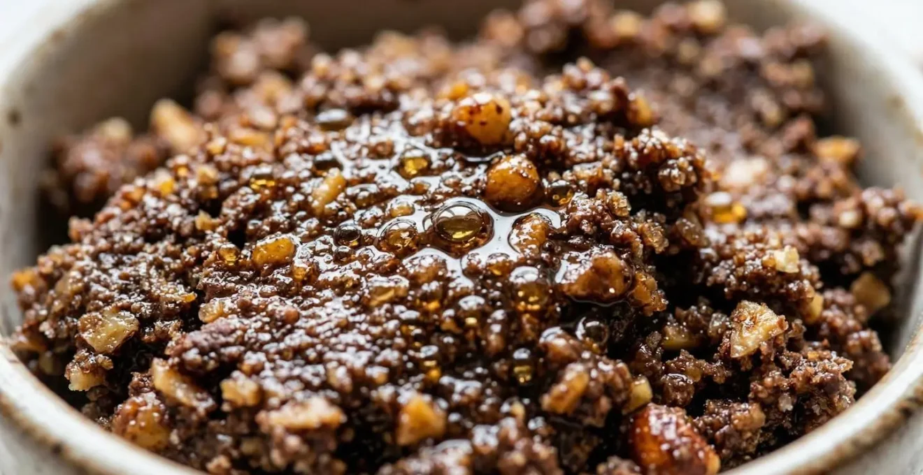 Vue macro de la texture du praliné montrant la séparation d'huile, avec des perles d'huile brillantes sur la pâte granuleuse.