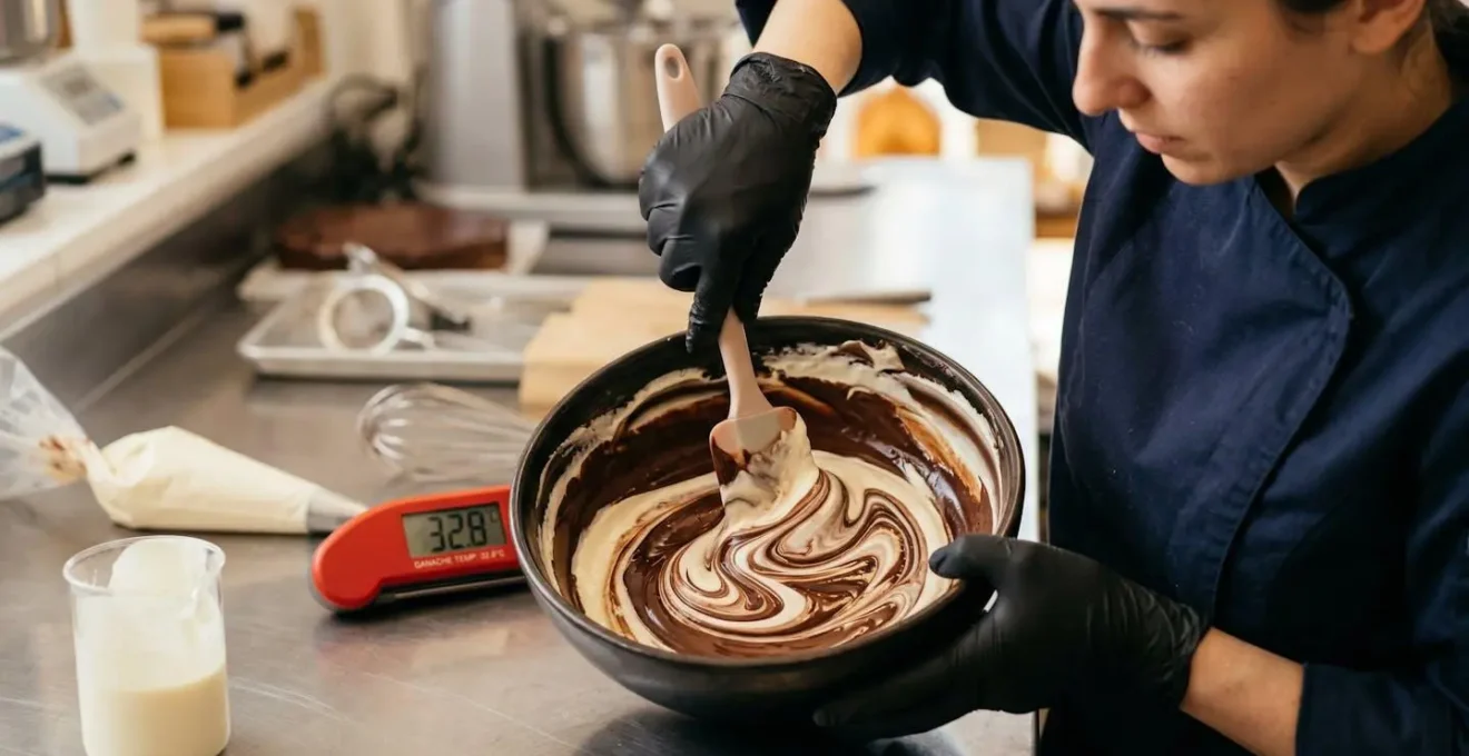 Incorporation délicate de crème dans une ganache chocolat avec contrôle de température