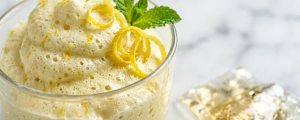 Composition photographique épurée montrant une mousse au citron aérienne dans un verre transparent avec des citrons frais coupés et de la gélatine dorée en arrière-plan