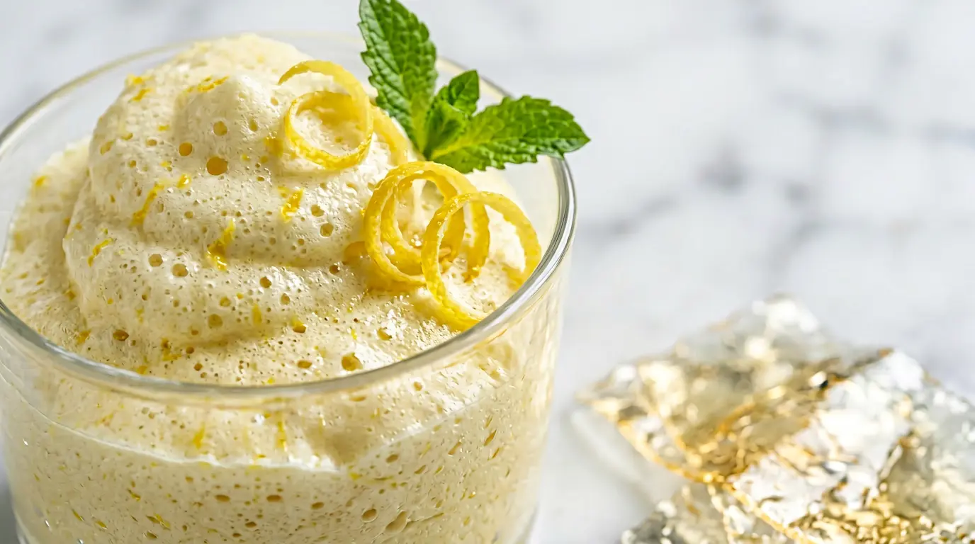 Composition photographique épurée montrant une mousse au citron aérienne dans un verre transparent avec des citrons frais coupés et de la gélatine dorée en arrière-plan