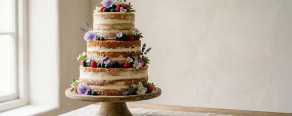 Nude Cake élégant à plusieurs étages avec crème visible et décoration florale naturelle