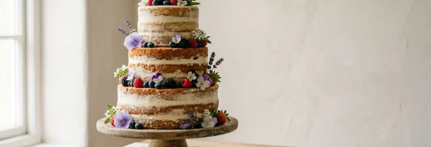 Nude Cake élégant à plusieurs étages avec crème visible et décoration florale naturelle