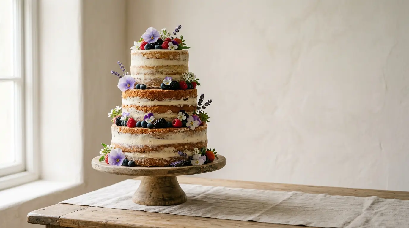 Nude Cake élégant à plusieurs étages avec crème visible et décoration florale naturelle