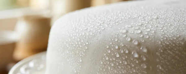 Gros plan sur un gâteau recouvert de pâte à sucre blanche avec des perles de condensation visibles sur sa surface