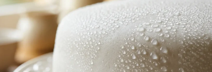 Gros plan sur un gâteau recouvert de pâte à sucre blanche avec des perles de condensation visibles sur sa surface
