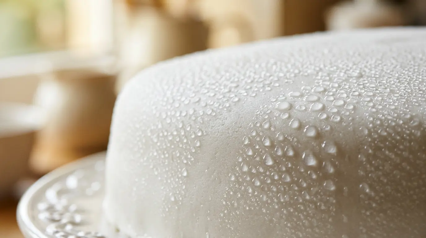 Gros plan sur un gâteau recouvert de pâte à sucre blanche avec des perles de condensation visibles sur sa surface