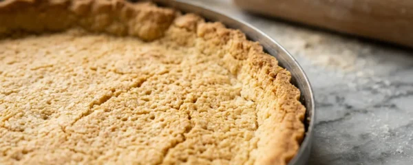 Fond de tarte en pâte sablée dorée fraîchement sortie du four, texture friable visible