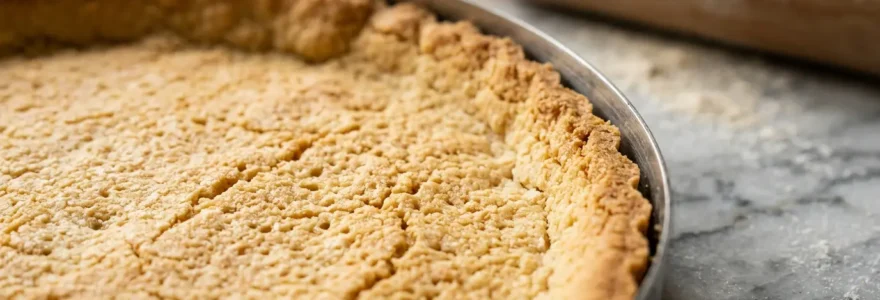 Fond de tarte en pâte sablée dorée fraîchement sortie du four, texture friable visible