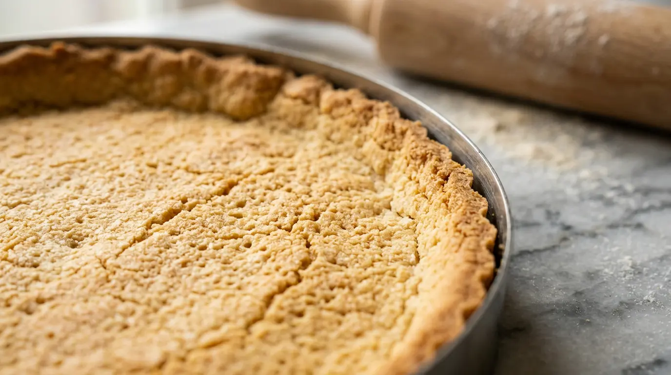 Fond de tarte en pâte sablée dorée fraîchement sortie du four, texture friable visible