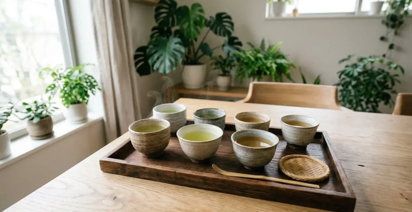 Plateau de dégustation avec plusieurs variétés de thé japonais aux teintes variées