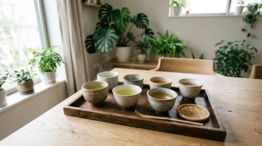 Plateau de dégustation avec plusieurs variétés de thé japonais aux teintes variées