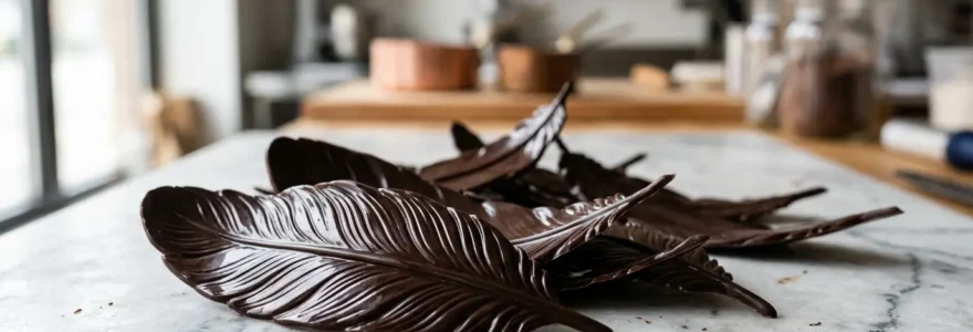 Plumes en chocolat noir brillantes disposées artistiquement sur un plan de travail de pâtisserie