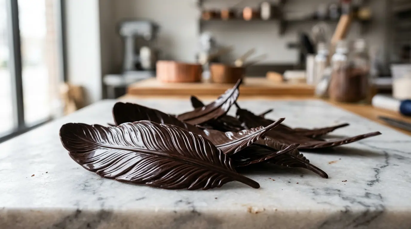 Plumes en chocolat noir brillantes disposées artistiquement sur un plan de travail de pâtisserie