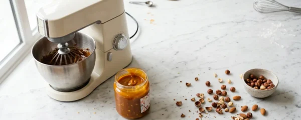Vue aérienne d'un atelier de pâtisserie avec praliné fluide et mixeur