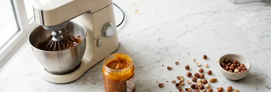 Vue aérienne d'un atelier de pâtisserie avec praliné fluide et mixeur